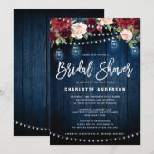 ワインレッド ネイビー 花柄 ライト ストリング ブライダルシャワー 招待状 (正面/裏面)
