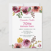 ワインレッド パープル ブラウン ローズ ラスティック フラワーバースデー 招待状 (正面)