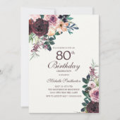 ワインレッド+ピンクの花と葉のデザイン80歳の誕生日 招待状 (正面)