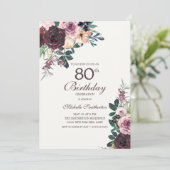 ワインレッド+ピンクの花と葉のデザイン80歳の誕生日 招待状 (スタンド正面)