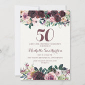 ワインレッド+ピンクの花と葉の50歳の誕生日 招待状 (正面)