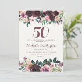 ワインレッド+ピンクの花と葉の50歳の誕生日 招待状 (スタンド正面)