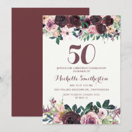 ワインレッド+ピンクの花と葉の50歳の誕生日 招待状