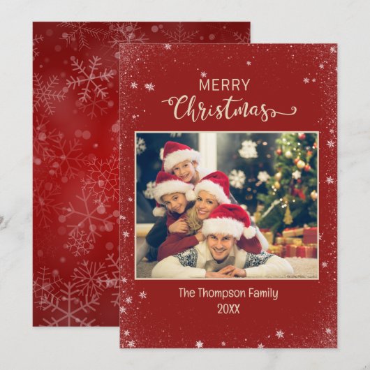 ワインレッド ファミリー フォト スノーフレーク フラット ホリデー カード (正面/裏面)