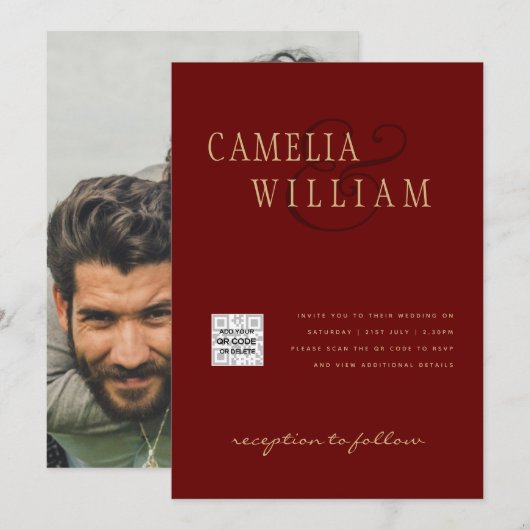 ワインレッド フォト ウェディング ご案内 QRコード 保存日 招待状 (正面/裏面)