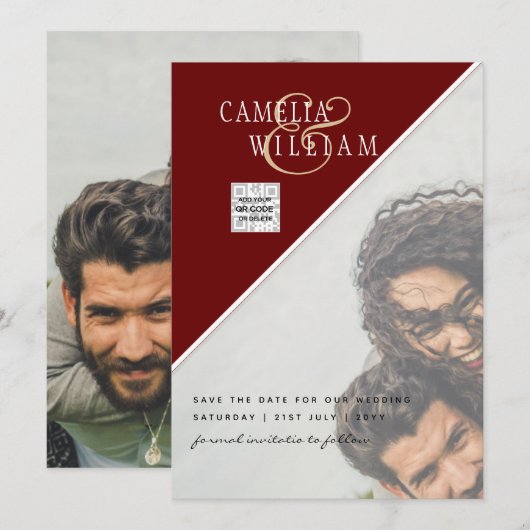 ワインレッド フォト ウェディング インビテーション セーブデート QRコード (正面/裏面)