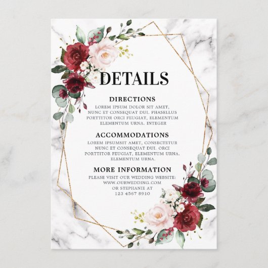 ワインレッド フラワーマーブル ジオメトリック ウェディング ディテール エンクロージャーカード (正面)