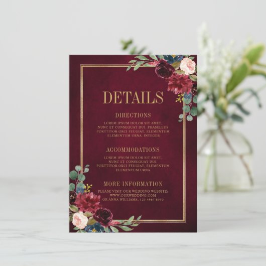 ワインレッド フラワー ゴールド ネイビーブルー ウェディング 詳細 エン エンクロージャーカード (スタンド正面)