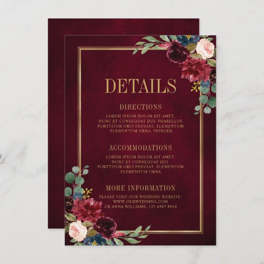 ワインレッド フラワー ゴールド ネイビーブルー ウェディング 詳細 エン エンクロージャーカード (正面/裏面)