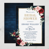 ワインレッド フラワー ゴールド ネイビーブルー ブライダルシャワー 招待状 (正面/裏面)