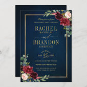 ワインレッド フラワー ゴールド ネイビーブルー ラスティック 婚約 招待状 (正面/裏面)