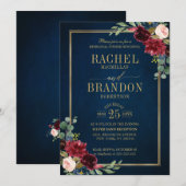 ワインレッド フラワー ゴールド ネイビーブルー リハーサルディナー 招待状 (正面/裏面)