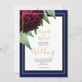 ワインレッド フラワー ネイビー ゴールド エレガント シック ウェディング 招待状 (正面)