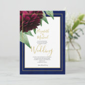 ワインレッド フラワー ネイビー ゴールド エレガント シック ウェディング 招待状 (スタンド正面)