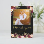 ワインレッド フラワー ブラック ゴールド フォト ウェディング サンクスカード サンキューカード (スタンド正面)