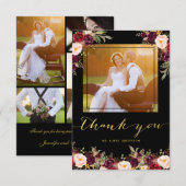 ワインレッド フラワー ブラック ゴールド フォト ウェディング サンクスカード サンキューカード (正面/裏面)
