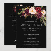 ワインレッド マルサラ フラワーズ 予定変更 - ブラック 招待状 (正面/裏面)