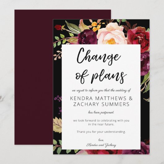 ワインレッド マルサラ フラワーデザイン プラン変更カード - ブラック 招待状 (正面/裏面)