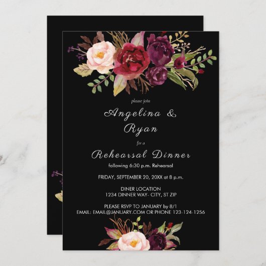 ワインレッド マルサラ フラワーリハーサルディナー - ブラック 招待状 (正面/裏面)