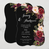 ワインレッド マルサラ フラワー ウェディング 2 ブラック 招待状 (正面/裏面)