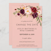 ワインレッド マルサラ フラワー 日程変更カード - ピンク 2 招待状 (正面/裏面)