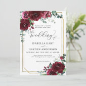 ワインレッド マルサラ フローラル ゴールドフレーム ウェディング 招待状 (スタンド正面)