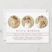 ワインレッド モダン 3枚写真コラージュ 卒業式 招待状 (正面)