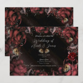 ワインレッド　ラスティーローズ＆スカル ゴシックウェディング 招待状 (正面/裏面)