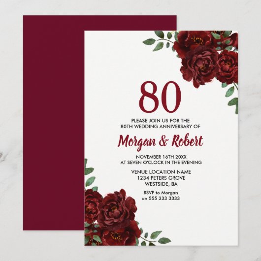 ワインレッド ルビーレッド ローズ 80周年 結婚記念日 招待状 (正面/裏面)