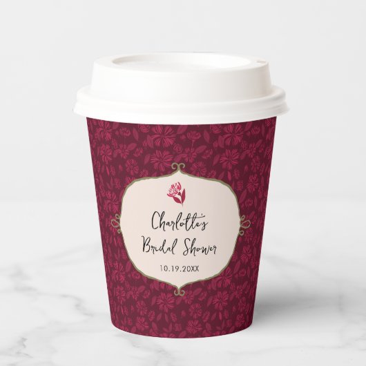 ワインレッド ヴィンテージ フラワーブライダルシャワー 紙コップ (正面)