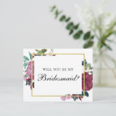 ワインレッド 私の花嫁の介添人になってくれる？ マロン色の花 インビテーションポストカード (スタンド正面)