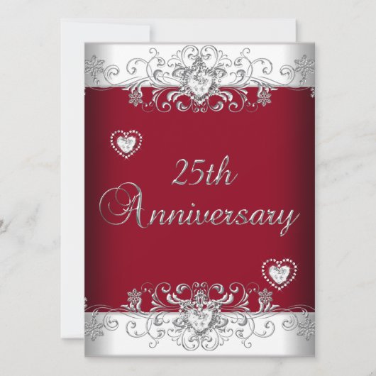 ワインレッド 25周年 結婚記念日 ダイヤモンド ハート 招待状 (正面)