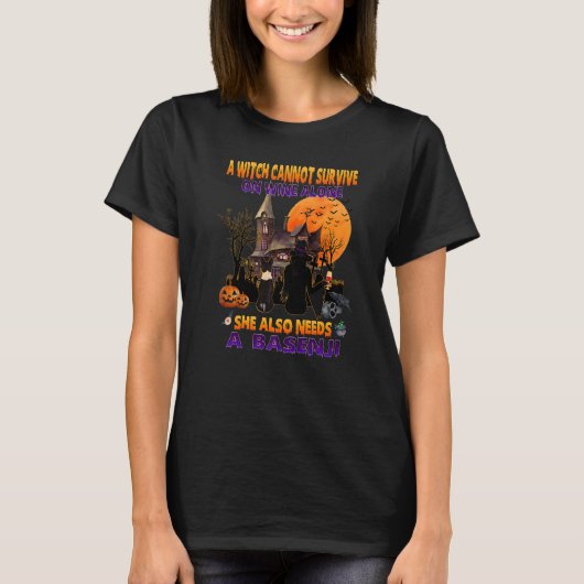 ワイン上の魔女はバセンジー犬も必要 ハロウィン Tシャツ (正面)