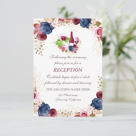 ワイン味フローラネイビーブルーウェディングレセプション 招待状 (スタンド正面)