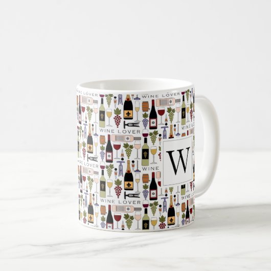 ワイン好きのボトル、グラス&アクセサリーモノグラ コーヒーマグカップ (正面右)