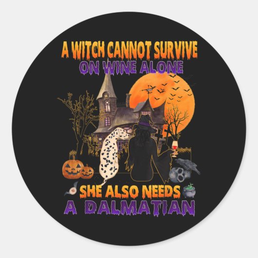ワイン好きの魔女にはダルメシアンがいるハロウィン ラウンドシール (正面)