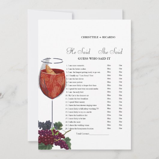 ワイン彼は彼女はブライダルシャワーゲームカードと言った 案内状 (正面)