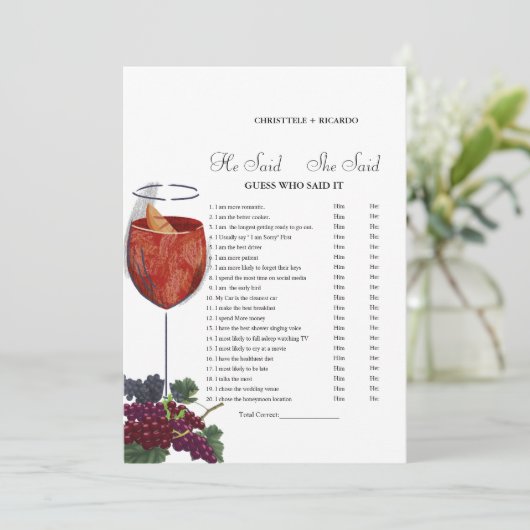 ワイン彼は彼女はブライダルシャワーゲームカードと言った 案内状 (スタンド正面)