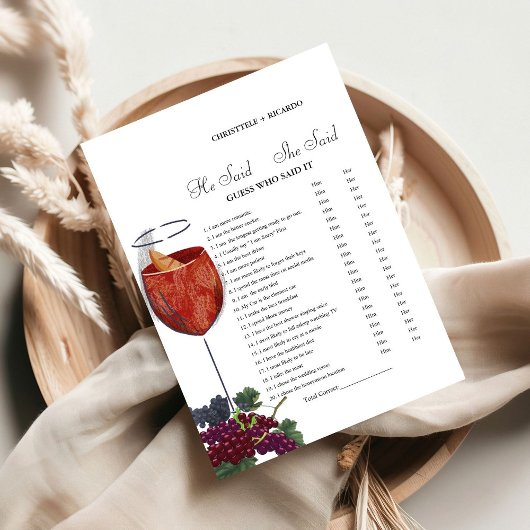 ワイン彼は彼女はブライダルシャワーゲームカードと言った 案内状
