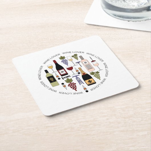 ワイン愛好家のボトル、グラス&アクセサリーパターン スクエアペーパーコースター (アングル)