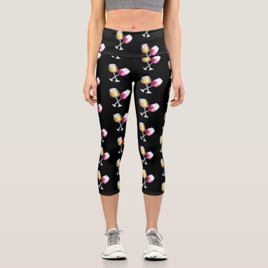 ワイン愛好家赤い白い眼鏡パターン カプリレギンス (正面)