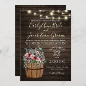 ワイン樽とバラ素朴ブルゴーニュとブルー 招待状 (正面/裏面)