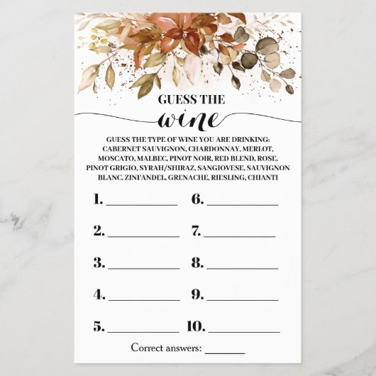 ワイン秋のブライダルシャワーゲームカードを推測 チラシ (正面)