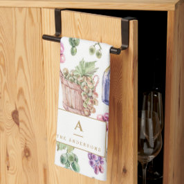 ワイン素朴チーズブドウ水彩モノグラム キッチンタオル