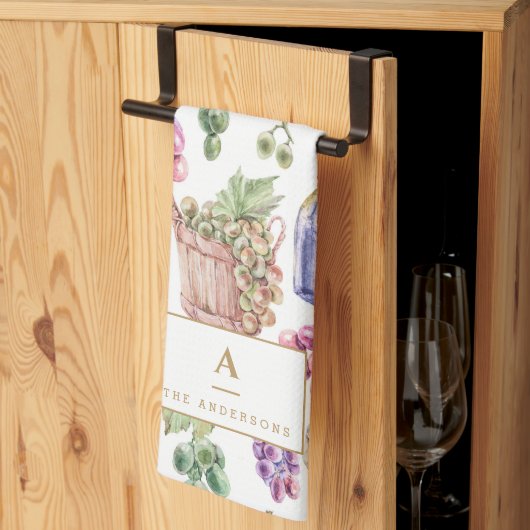 ワイン素朴チーズブドウ水彩モノグラム キッチンタオル (三つ折り)