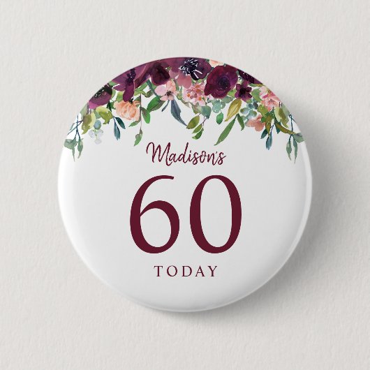 ワイン色のマースカラ柄フラワー 60歳の誕生日 60歳になりました 缶バッジ (正面)