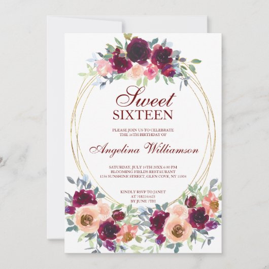 ワイン赤面水色フローラ金ゴールド写真甘い16 招待状 (正面)
