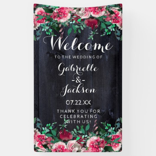 ワイン赤面&ネイビーウッドブルグンディ結婚の歓迎 横断幕 (縦)