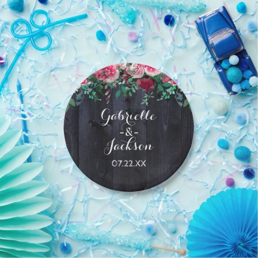 ワイン赤面&ネイビーウッドブルゴーニュ結婚ズモノグラム ペーパープレート (パーティー)