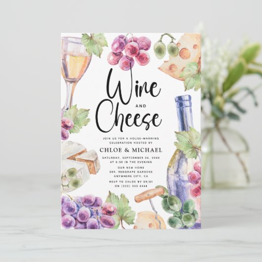 ワイン&チーズウォーターカラー引っ越し祝いパーティーパーティー 招待状 (スタンド正面)